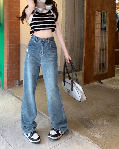 Actual shot of early spring new Korean style high-waisted loose straight casual casual versatile long jeans for women