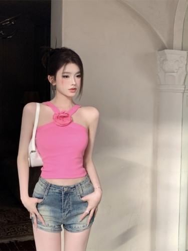 Pink flower camisole for women in autumn sweet hottie off-shoulder sexy inner wear short bottoming shirt top outer wear