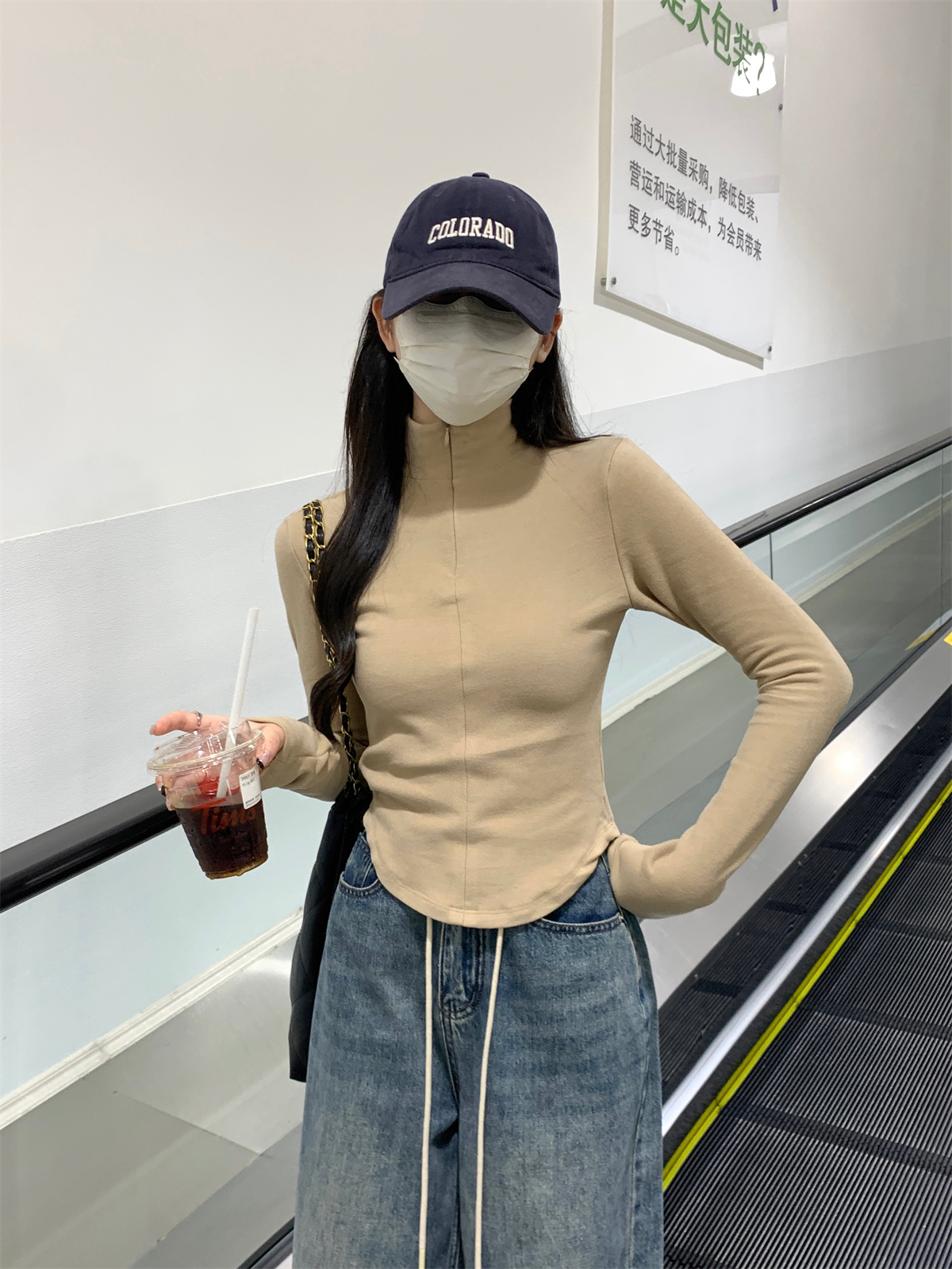 Actual shot of autumn and winter Korean style slim fit and versatile solid color inner zipper German velvet thermal bottoming shirt T-shirt top for women