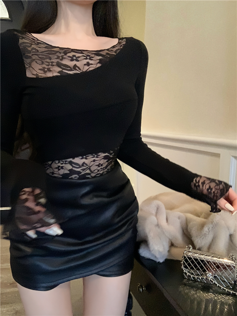 Lace stitching slanted shoulder bottoming shirt trumpet long-sleeved T-shirt women's winter black sexy top