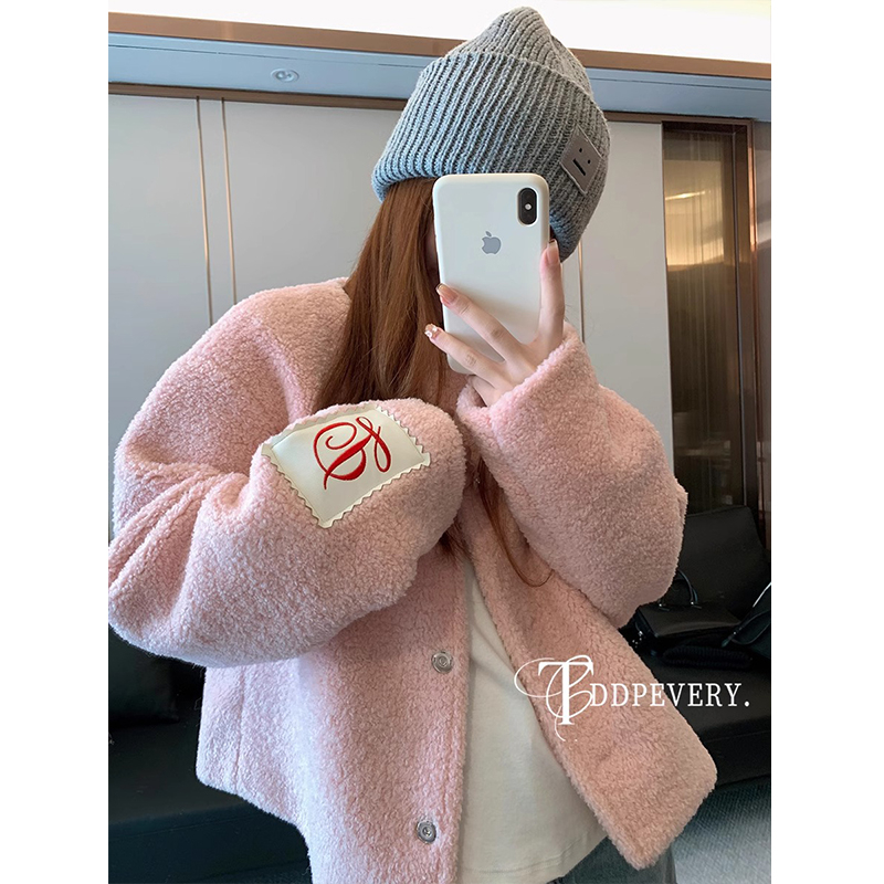 Lamb wool composite milk silk lined jacket for women winter velvet thickened loose top