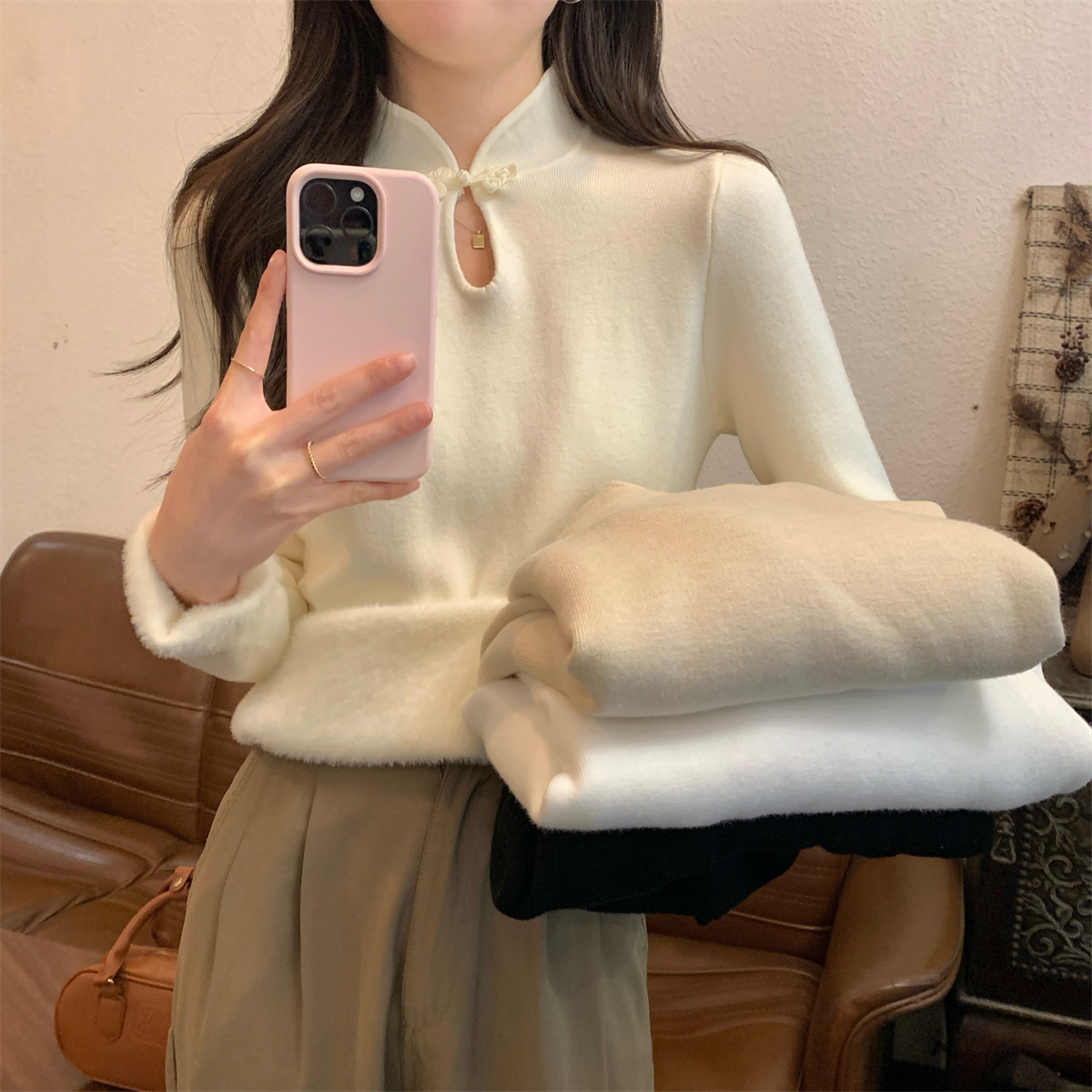 實拍 秋冬韓版修身氣質國風一體絨保暖內搭針織打底衫毛衣女