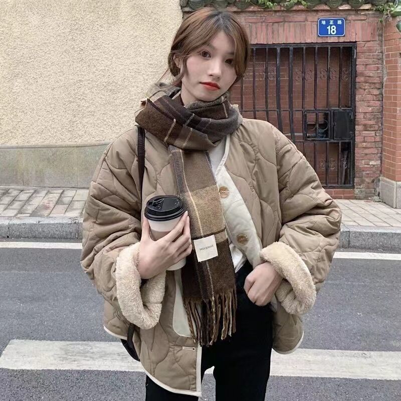 Actual shots, a large number~Korean style thickened, warm, casual, versatile and spliced ​​lamb wool reversible cotton jacket