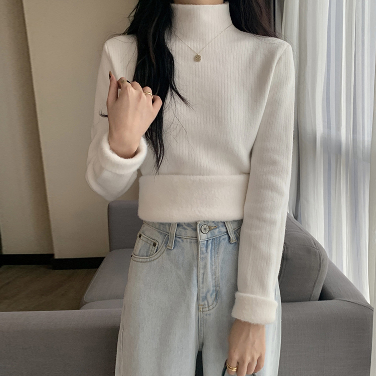 質檢官圖加絨加厚打底衫毛衣女秋冬季新款修身半高領內搭針織衫