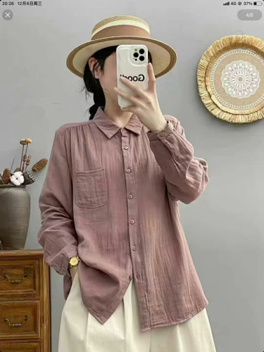 Dark gray cotton long-sleeved shirt for women spring and autumn new Korean style loose slim top retro versatile base shirt
