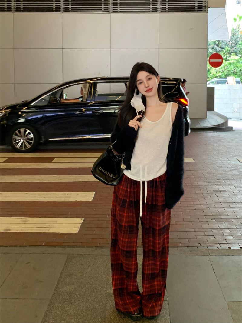 Real shot of lazy style casual three-piece set mink velvet small fragrant sweater jacket high street red plaid trousers