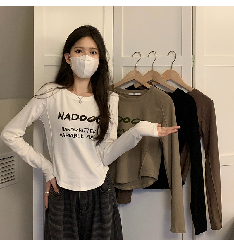 Letter printed long-sleeved t-shirt for women, spring design, short, short bottoming shirt with curved hem inside