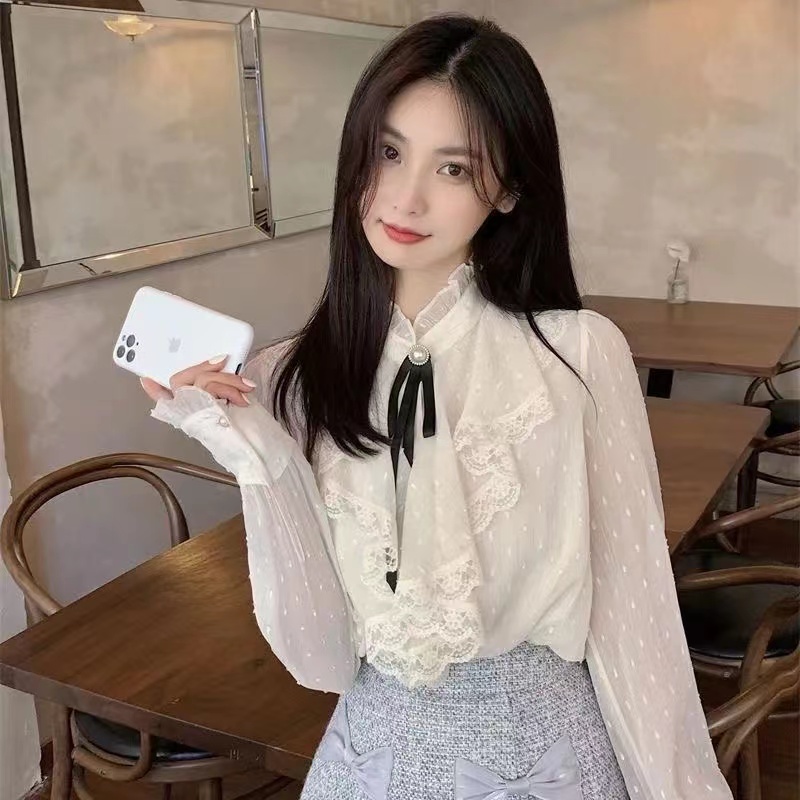 襯衫女氣質減齡無領帶2024年新款小香風設計感小眾荷葉邊立領小衫