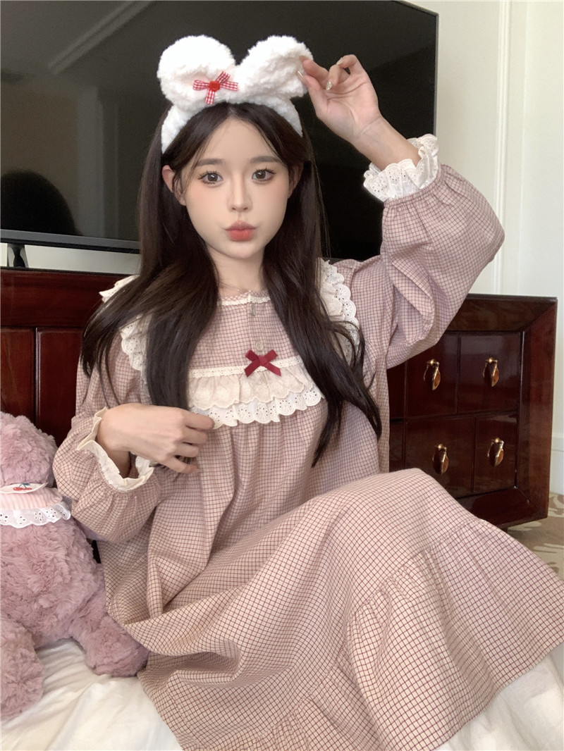 Actual Korean version of sweet lace retro pure cotton breathable palace style spring and autumn long-sleeved trousers home wear set