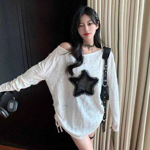 2024 Early Spring Round Neck Long Sleeve T-Shirt Women's Lazy Style Pullover Loose Hole Star Drawstring Top Thin Style Women