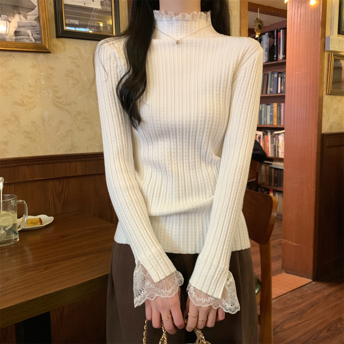 實拍 秋冬韓版半高領甜美蕾絲假兩件加厚內搭針織打底衫毛衣
