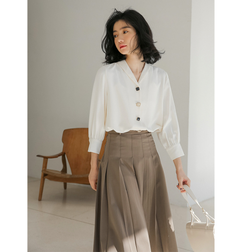 Real shot design niche chiffon shirt for women 2024 spring new three-quarter sleeve temperament slimming shirt