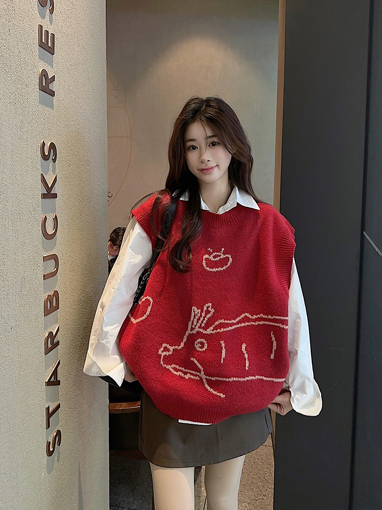 Original ~ Real shot ~ Year of the Dragon red jacquard knitted vest + white shirt