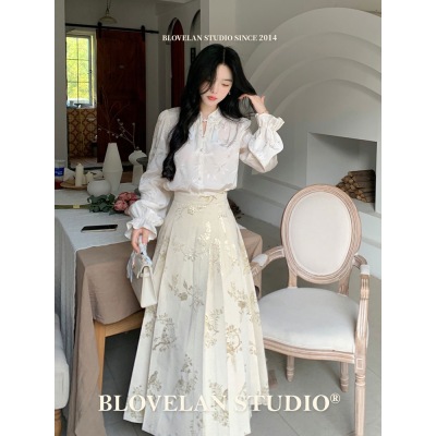Blovelan汀花疏影新中式改良提花盤扣襯衫花邊袖國風馬面裙套裝
