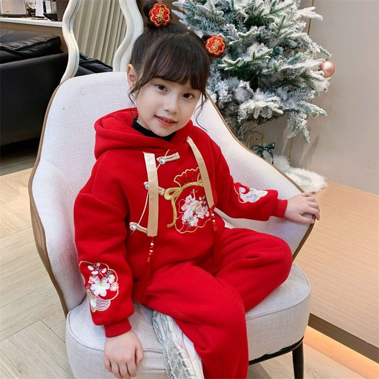 Girls' fleece sweatshirt set 2024 new children's Chinese style New Year's clothing little girl's winter clothing thickened two-piece set