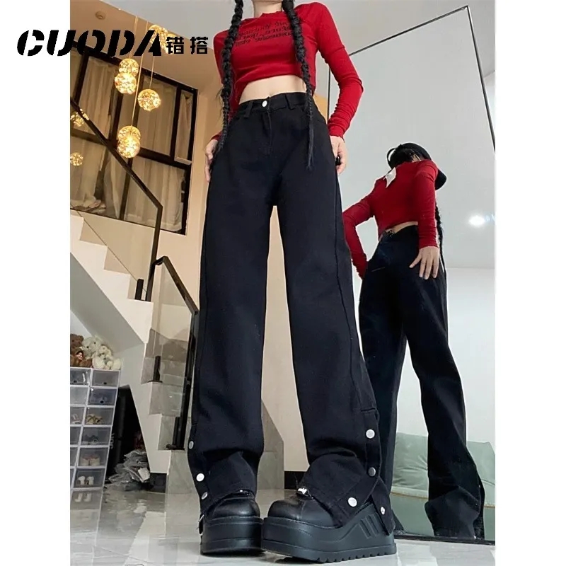 American High Street Black Narrow Straight Jeans Women's 2024 Spring and Summer New Style Breasted Slit Pipe Long Pants
