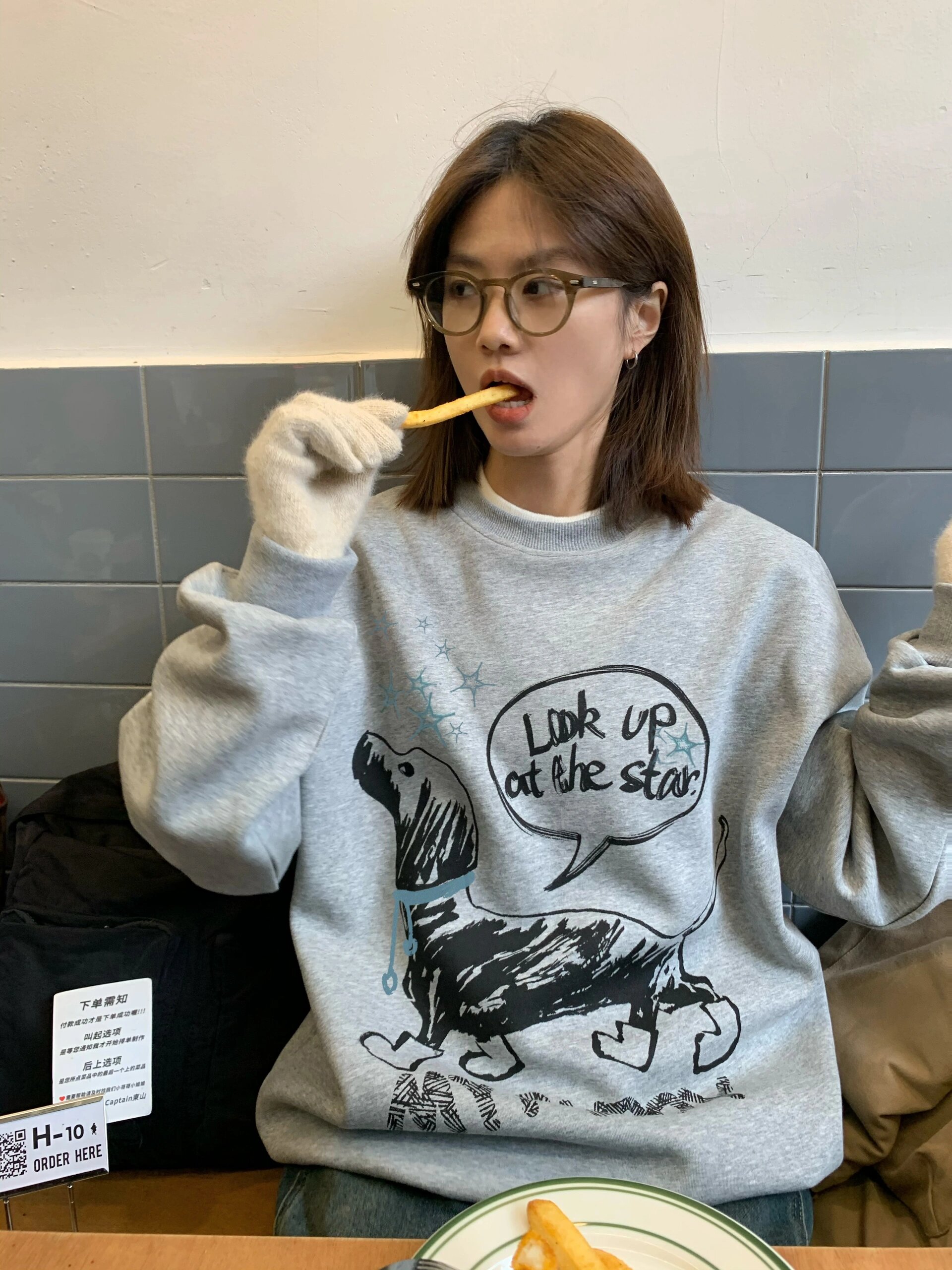 美式可愛星星小狗印花加絨衛衣寬鬆百搭休閒圓領上衣女