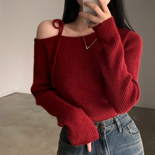 Korean chic design off-shoulder strappy sweater New Year red slimming long-sleeved sweater for women