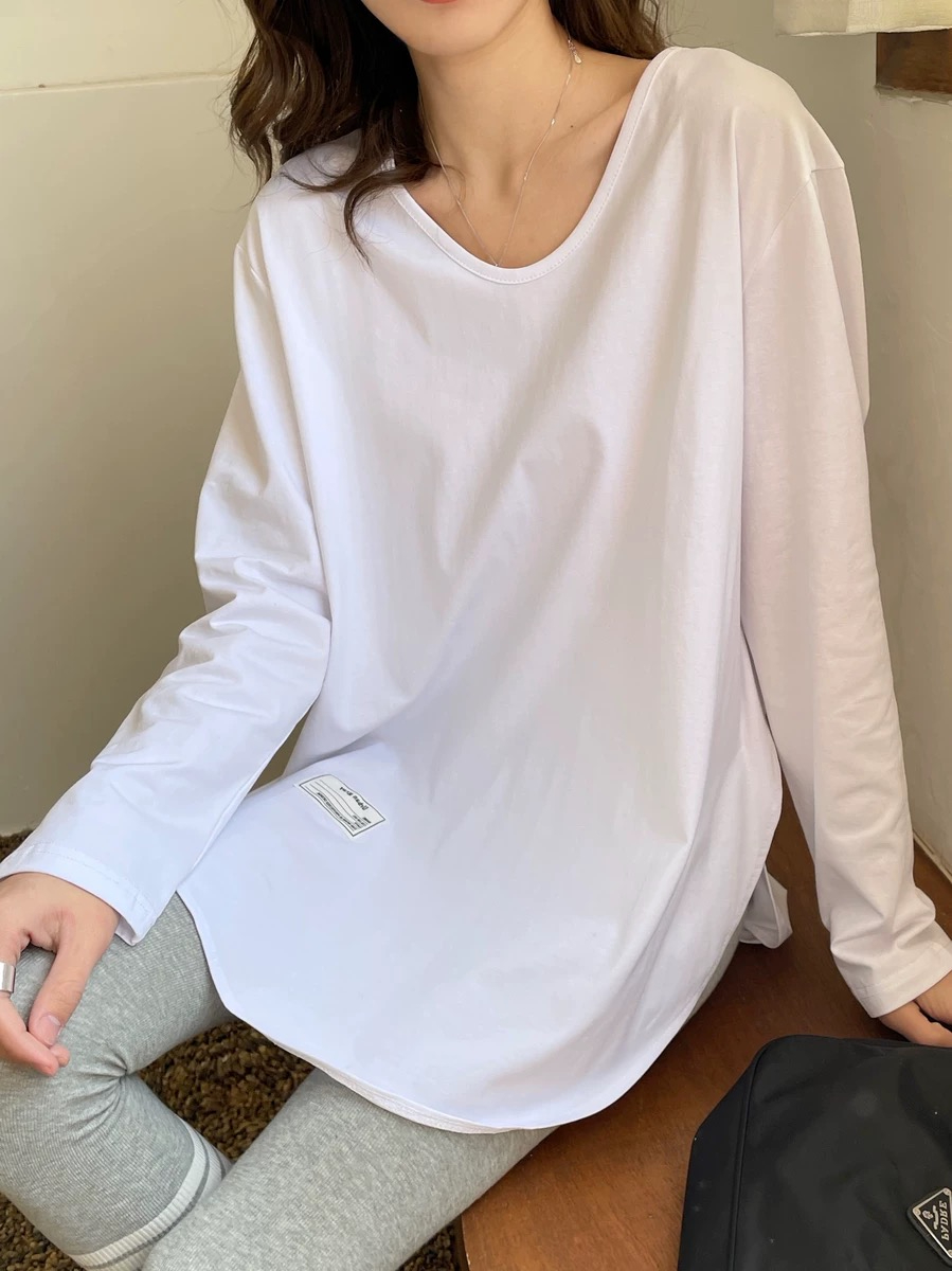 Official photo double-sided German velvet thin brushed loose mid-length T-shirt women's long-sleeved bottoming