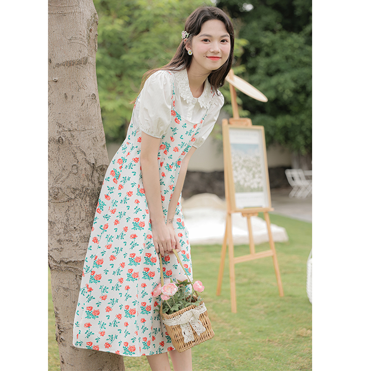 實拍2024春季新款女裝法式長裙吊帶碎花連衣裙子小個子連衣裙