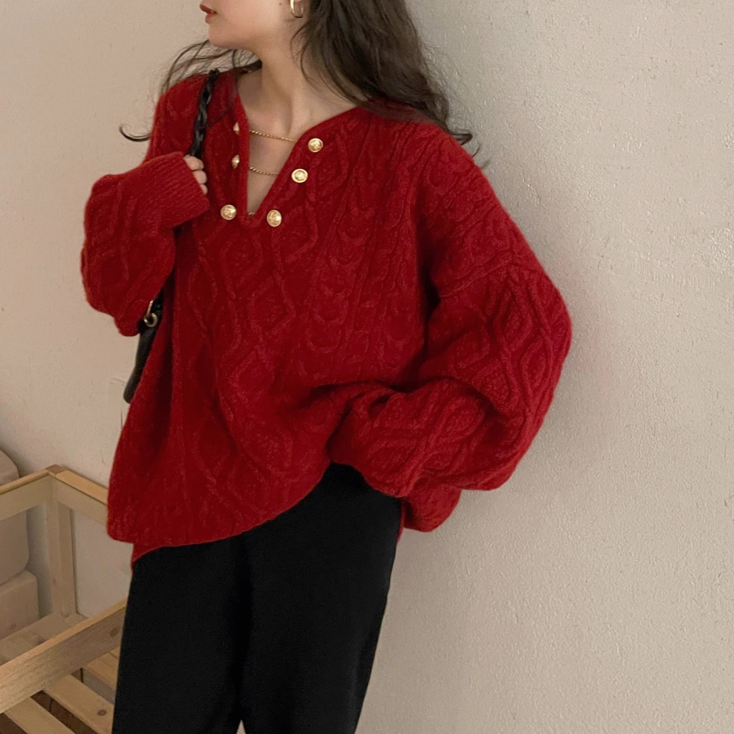 Sheep wool loose slimming style v-neck sweater lazy style red sweater jacket for women