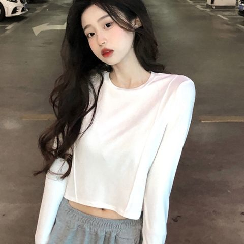 Right shoulder long sleeve t-shirt niche design slim fit crop top