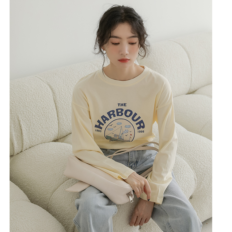 Actual shot of 2024 spring new pure cotton long-sleeved bottoming t-shirt for women Korean style casual loose slimming printed t-shirt