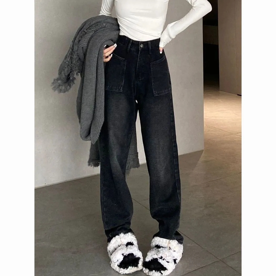 美式復古水洗黑色直筒牛仔褲女寬鬆顯瘦百搭垂感拖地闊腿褲潮ins