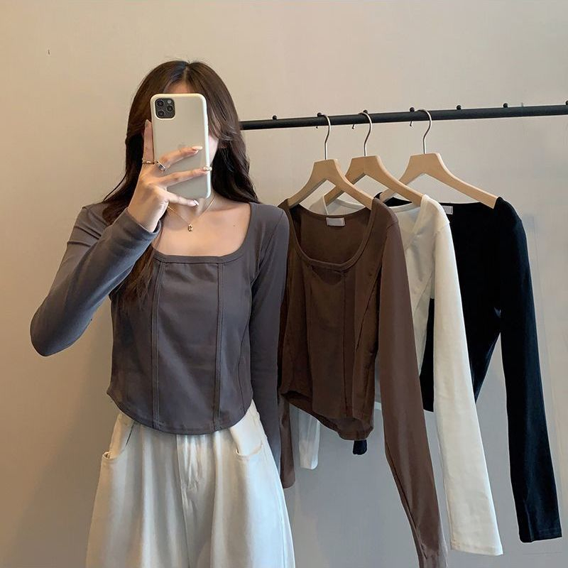 Square collar clavicle bottoming shirt for women with slim design, long-sleeved T-shirt, short fishbone top