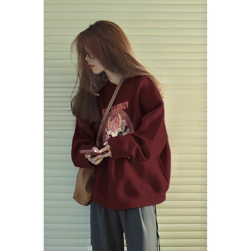 本命年酒紅色衛衣女秋冬新款小個子加絨加厚oversize圓領無帽上衣