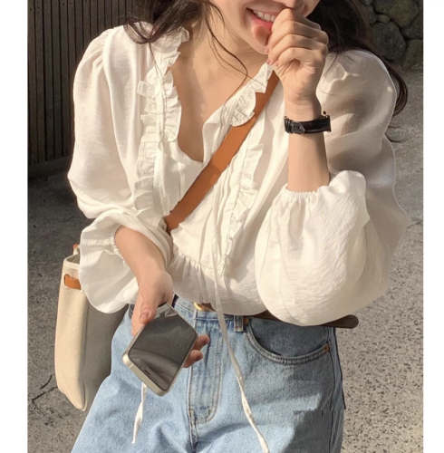 French white fungus-edged chiffon shirt for women in spring, autumn and spring design niche high-end shirt chic top