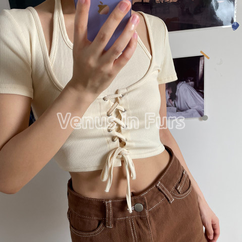螺紋 歐美復古辣妹短款修身顯瘦綁帶掛脖系帶短袖