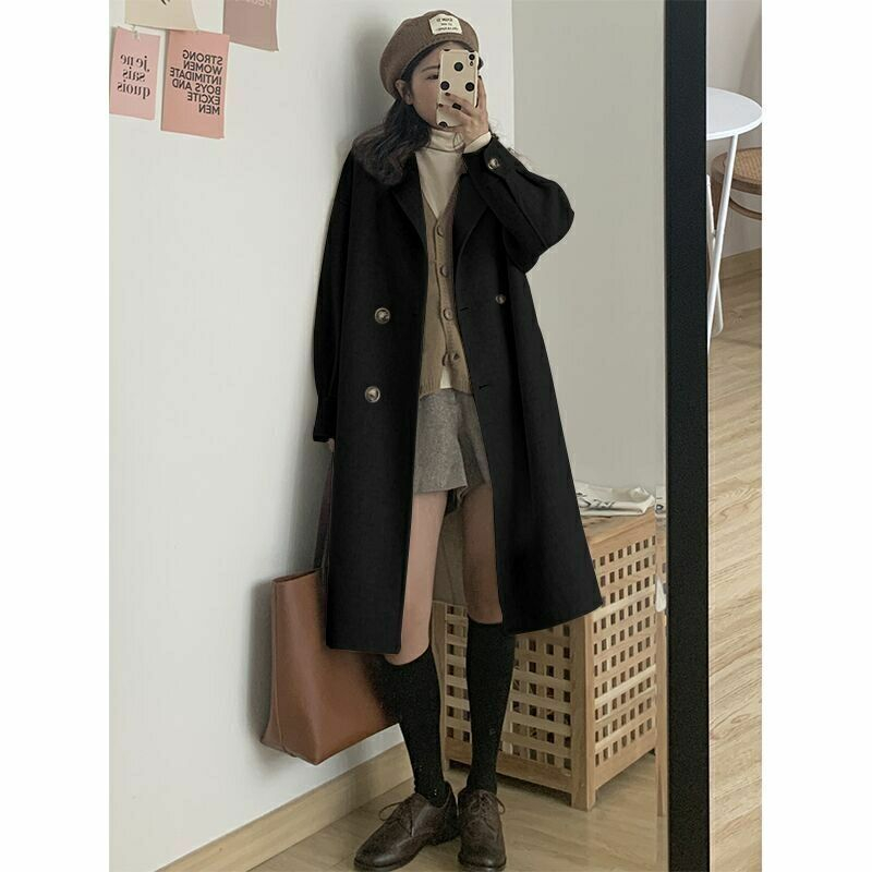 Woolen coat autumn and winter Korean style loose and trendy original style small woolen coat women's mid-length