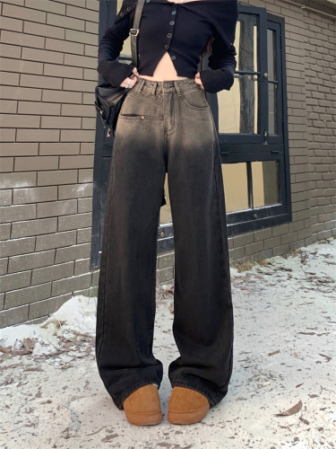 Actual shot of the new autumn Korean style fleece wide-leg pants, retro high-waisted, versatile straight-leg denim long pants for women