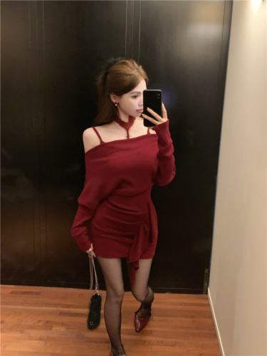 Real shot!  New Year's Red One Shoulder Knitted Hip Skirt Women's Pure Desire Slim Fit Dress