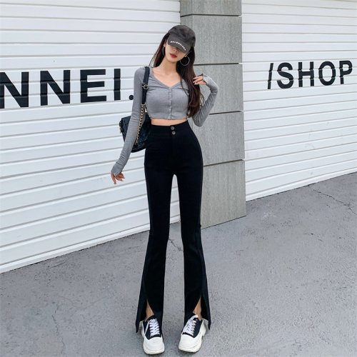 Actual shot of double-button slit new stretch casual pants high-waisted slim fit micro-flared suit pants for women