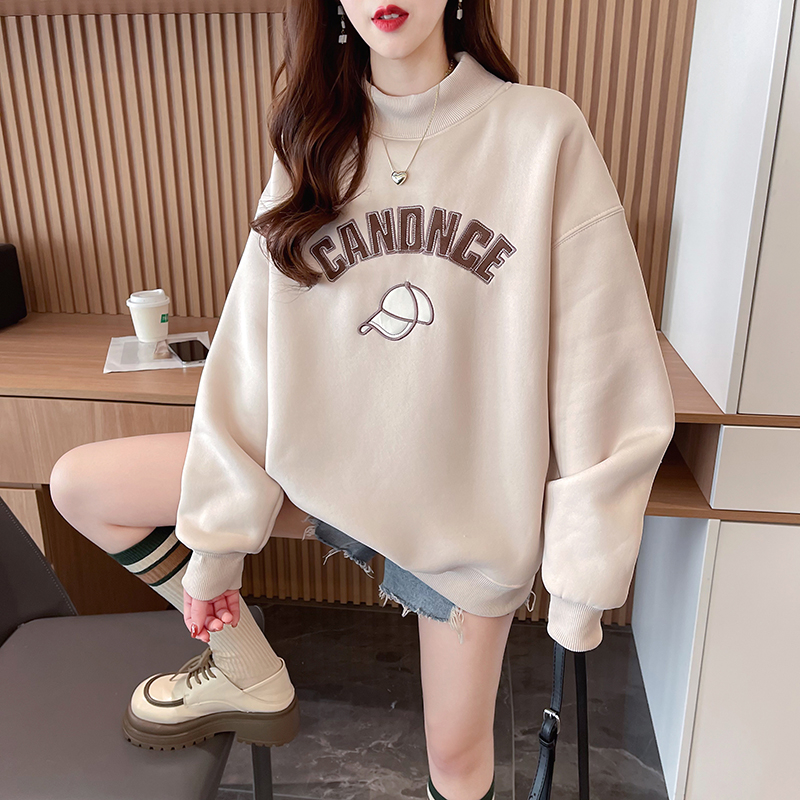 Actual shot of winter Korean style loose composite alpaca 440g high collar embroidered large size plus velvet sweatshirt for women