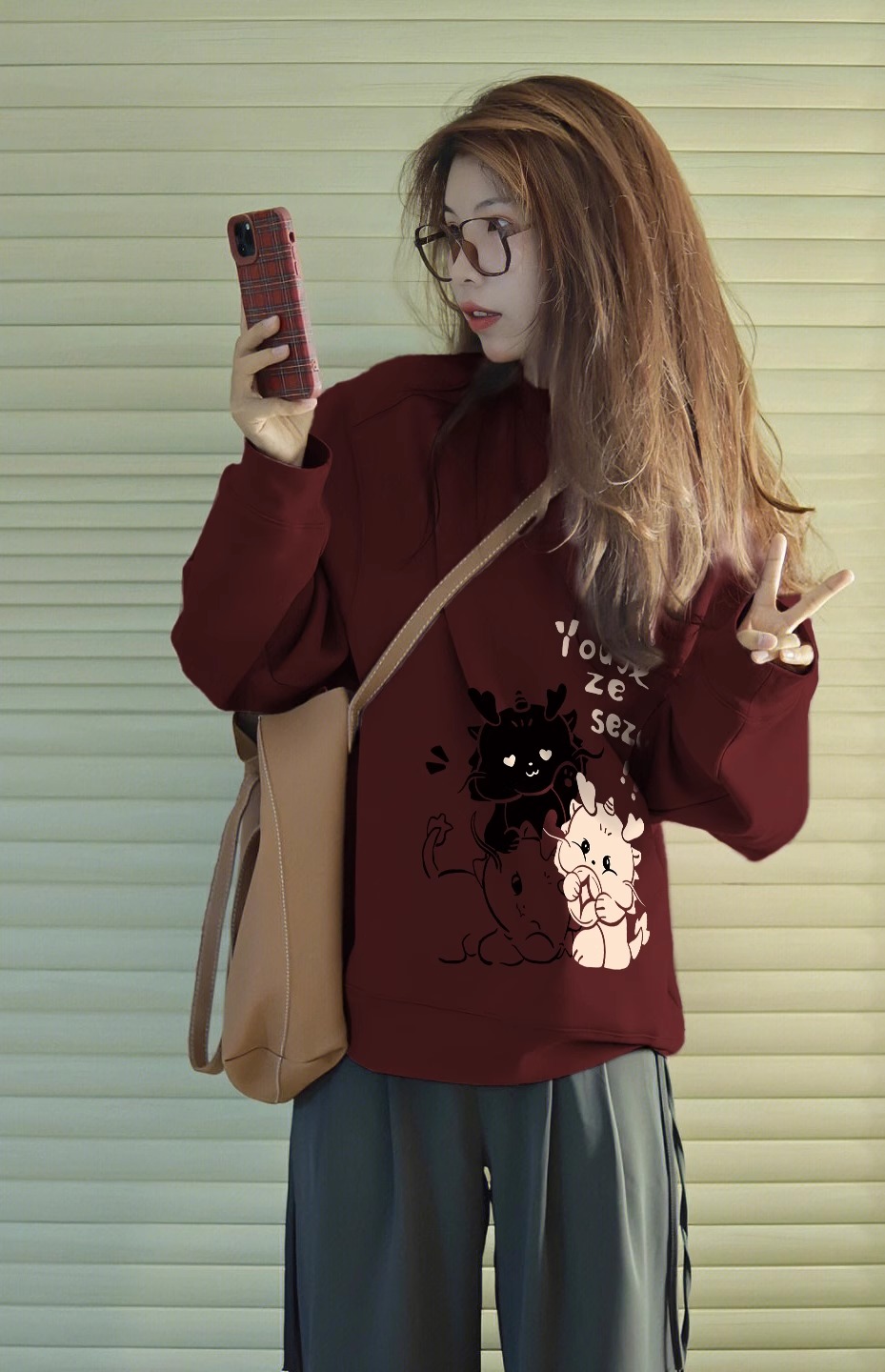 龍年本命年酒紅色衛衣女新款秋冬加絨加厚小個子慵懶圓領上衣