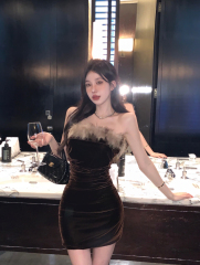 Real shot Valentine's Day one-shoulder tube top slim skirt pleated gold velvet waist dress for women