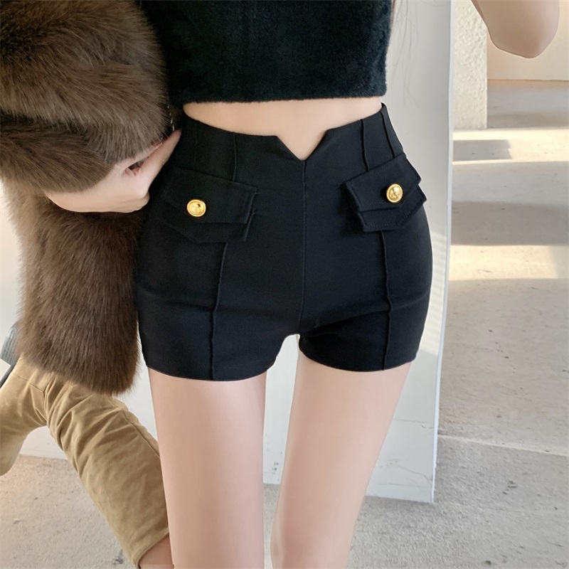 Real shot!  2024 New Seasonal Black Elastic High Waist Slimming Versatile A-Line Suit Shorts for Outerwear