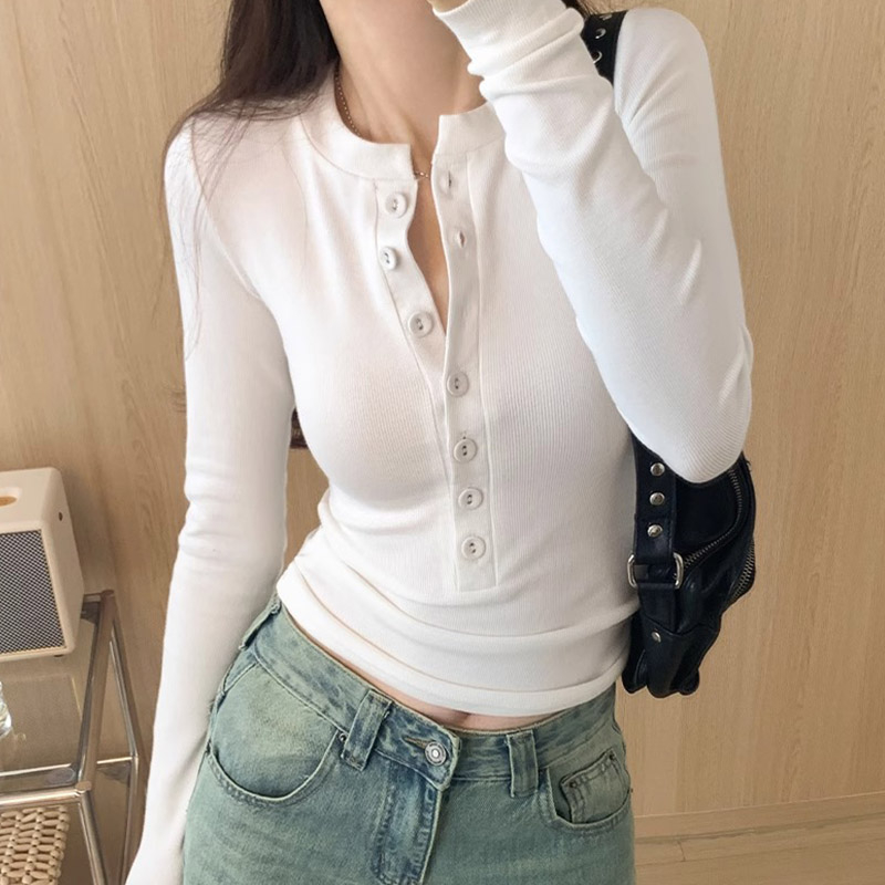 Official photo, high-end t-shirt for women, unique half-open collar top, spring and autumn tight-fitting hot girl long-sleeved bottoming shirt for inner wear