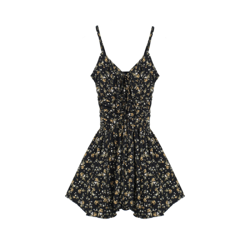 Actual shot of 2024 summer new style black floral dress for women tea break short skirt hot girl suspender skirt