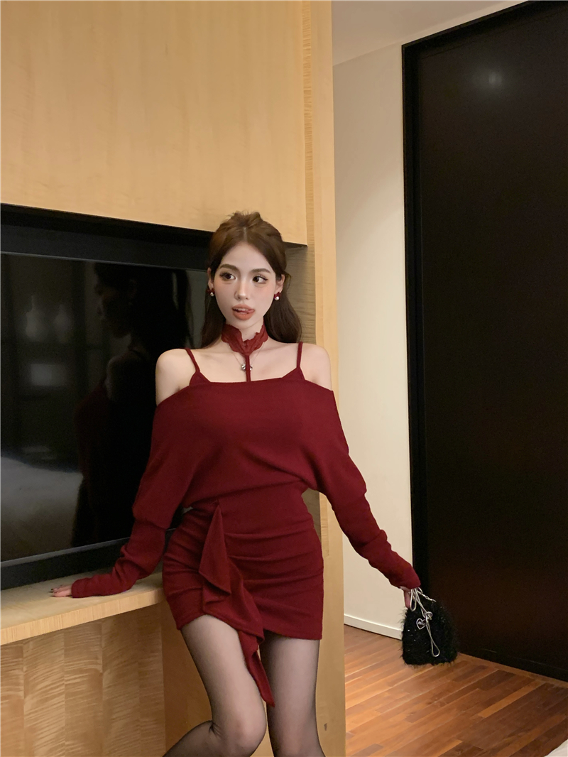 Real shot!  New Year's Red One Shoulder Knitted Hip Skirt Women's Pure Desire Slim Fit Dress