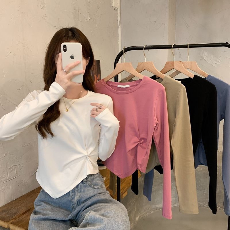 Early spring and autumn Korean style irregular design long-sleeved T-shirt for women, chic student tops, women's bottoming shirts