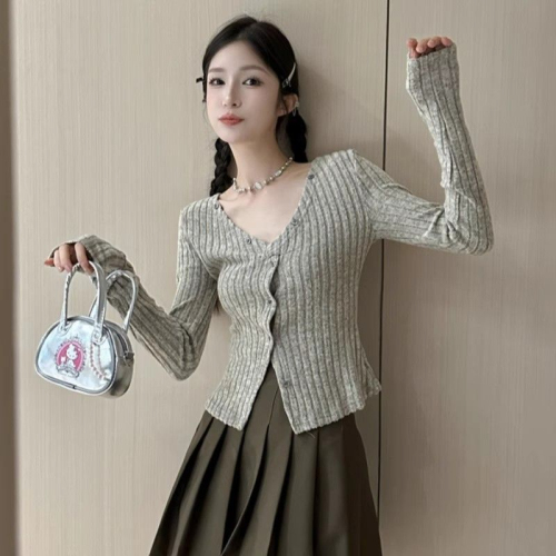 Pure desire sexy solid color soft glutinous pit strip knitted cardigan for women spring and autumn soft temperament twisted single-breasted long-sleeved sweater