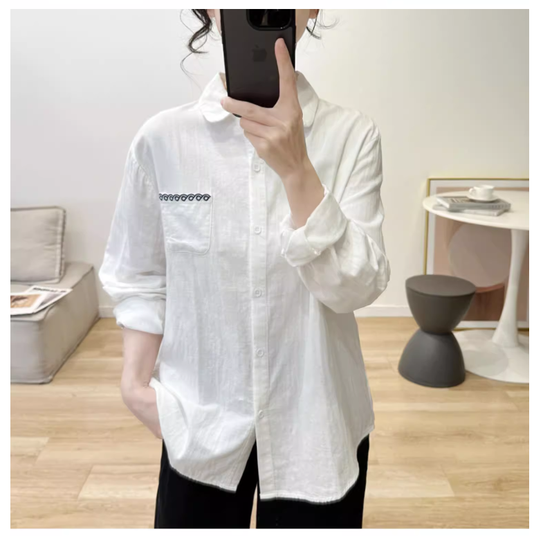 Literary simple pure cotton white shirt women's long-sleeved spring and autumn new Korean style cotton yarn bottoming shirt design niche top