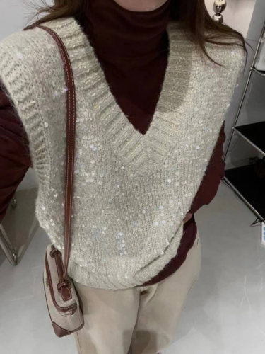 New autumn and winter women's lazy style sweater vest loose V-neck sequined sleeveless pullover vest sweater top
