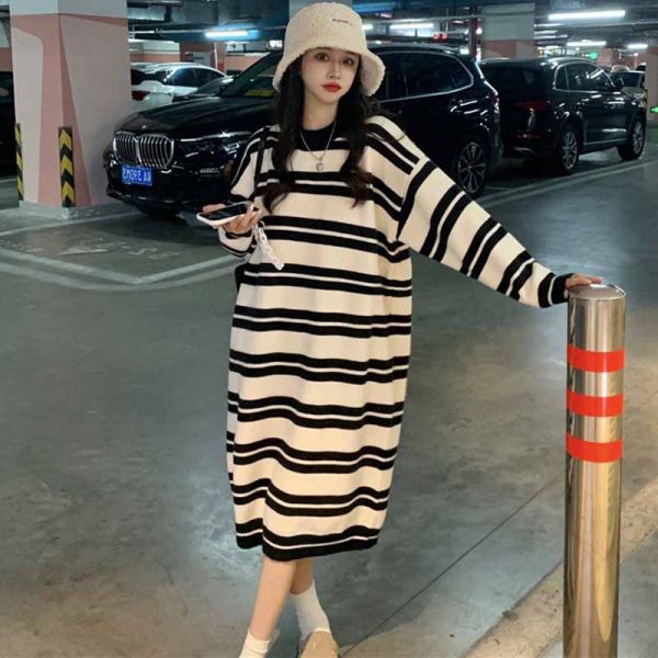 Autumn and winter Korean style loose knitted dress, long knee-length striped bottoming shirt, lazy style sweater skirt, round neck