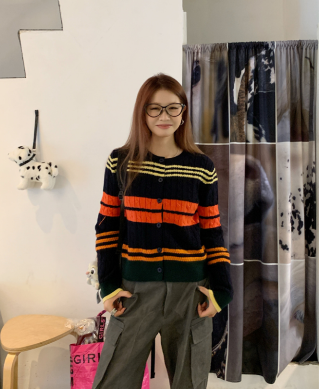 Real shot!  Retro Color Striped Slim Sweater Age Reducing Contrast Color Twist Knitted Cardigan Jacket for Women