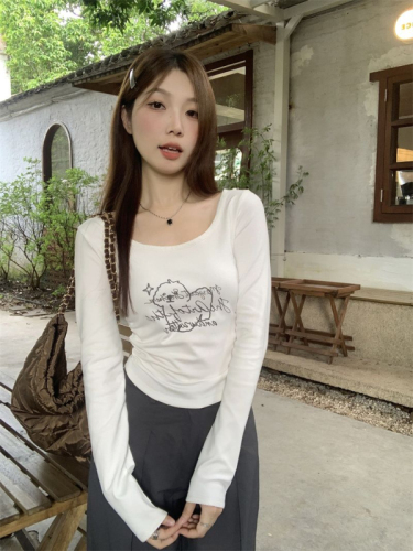 Korean version of puppy print long-sleeved T-shirt for women spring and autumn new style round neck versatile loose design niche tops